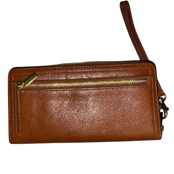 Fossil Wallet Logan RFID Zip Clutch Saddle color Leather gold hardware wristlet - Picture 6 of 7